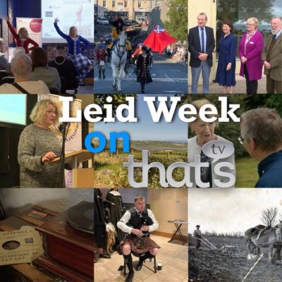 Collage showcasing Leid Week events including highland dancing, a blue plaque unveiling, a literary and language talk, and a musical performance.
