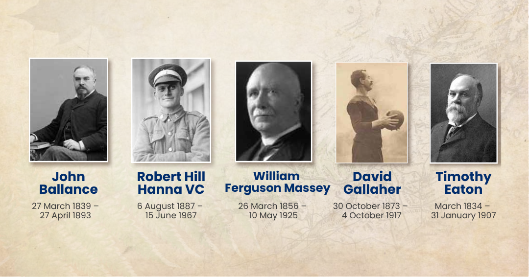 Black and white portraits of five historical figures, including Robert Hill Hanna VC and William Ferguson Massey, with their names and life dates displayed beneath each image.