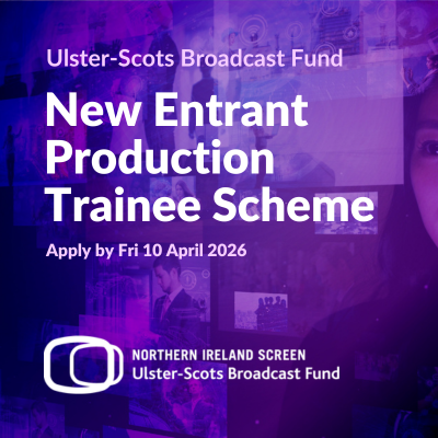 Against a purple background is an announcement of a new entrant production trainee scheme by the Ulster-Scots Broadcast Fund.