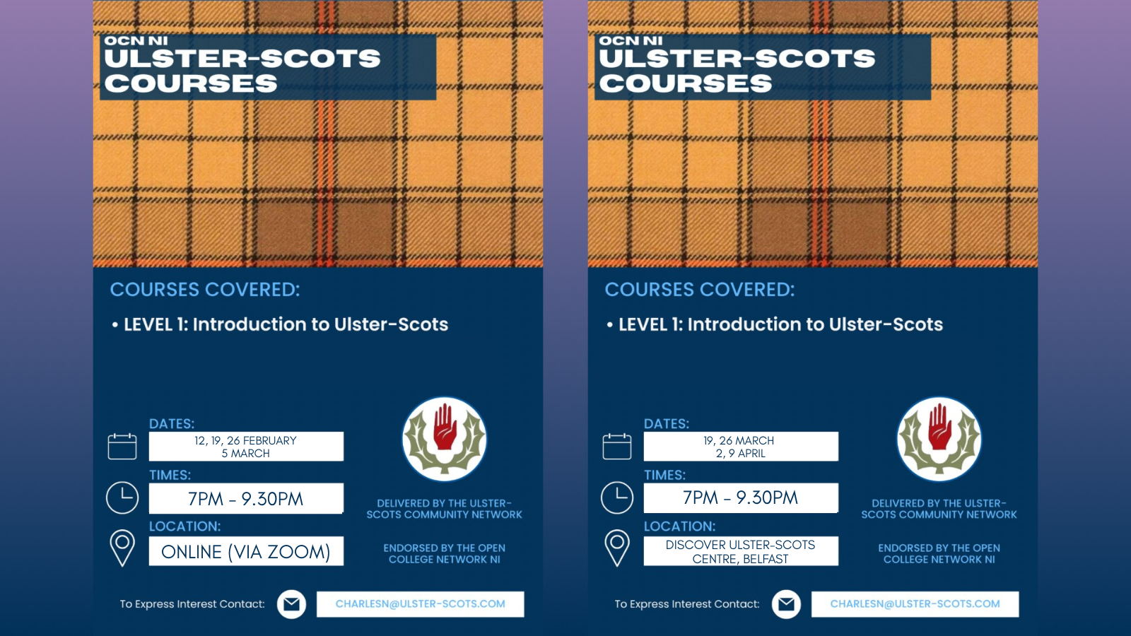 Two course flyers for an OCN accredited Ulster-Scots Level 1 course. One scheduled in February-March and the other in March-April, both online via Zoom from 7 to 9:30 PM.