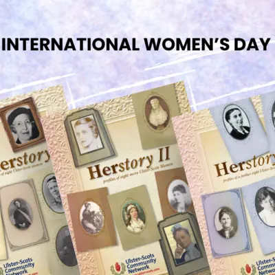Collage of vintage portraits celebrating women's history for International Women's Day with 'Herstory I, II, III' titles against a light purple background.