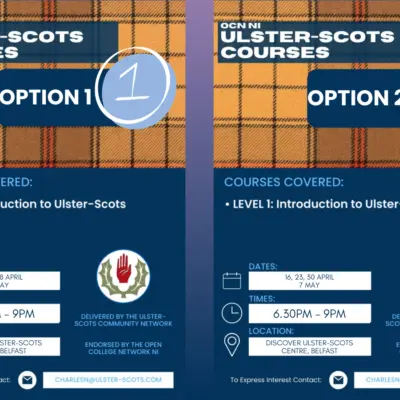 Two course flyers for an OCN accredited Ulster-Scots Level 1 course. Both are scheduled in April-May and in person at the Discover Ulster-Scots Centre from 6 to 9:30PM.