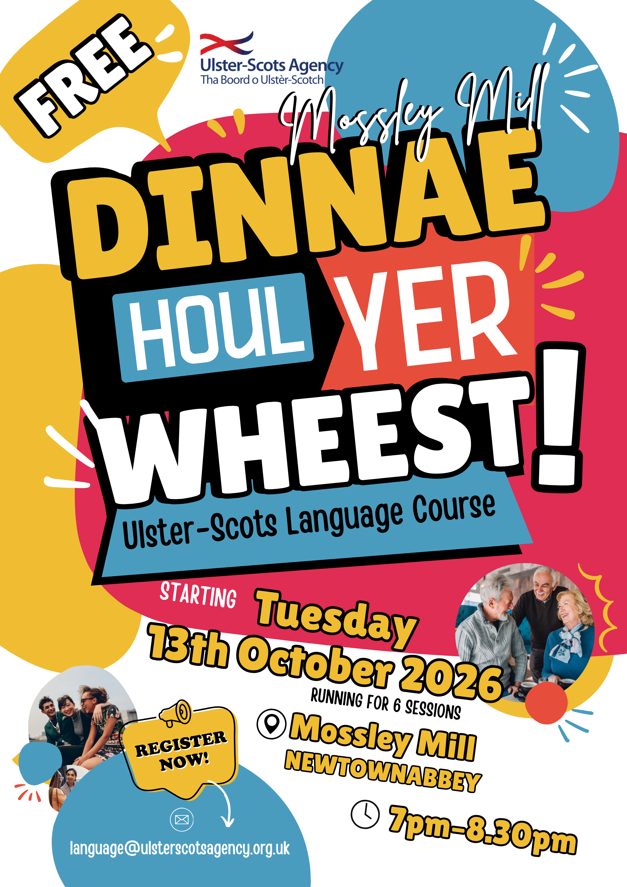 Colourful poster advertising a free Ulster-Scots language course at Mossley Mill, Newtownabbey, starting Tuesday 13 October 2026, from 7pm to 8:30pm.
