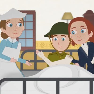 An animation of a nurse in a white uniform and cap gestures kindly toward a young soldier sitting up in a hospital bed, while a man in a dark jacket comforts him.