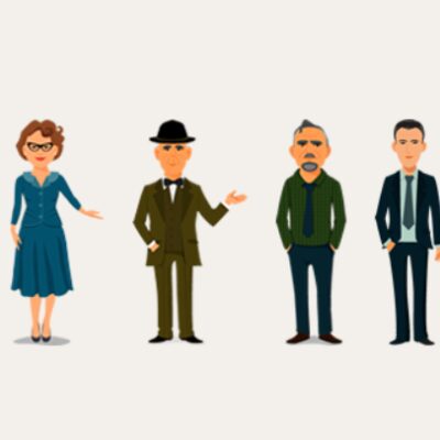 Six diverse illustrated characters stand side by side, including an artist, a woman in a blue dress, a man in a suit and hat, a man with a mustache in casual clothes, a businessman, and a woman in a white coat. They are standing against a plain cream background.