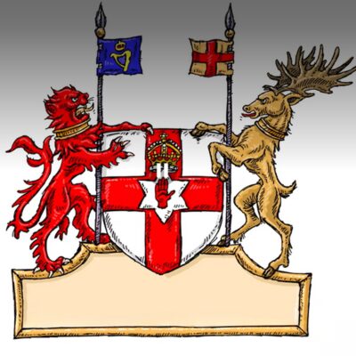 A heraldic shield with a red cross and a white hand, flanked by a red lion on the left and a stag on the right, each holding flags above.