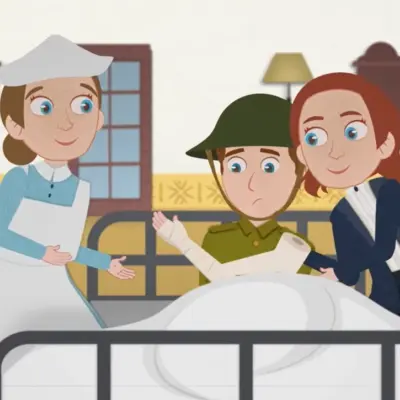 An animation of a nurse in a white uniform and cap gestures kindly toward a young soldier sitting up in a hospital bed, while a man in a dark jacket comforts him.