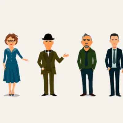 Six diverse illustrated characters stand side by side, including an artist, a woman in a blue dress, a man in a suit and hat, a man with a mustache in casual clothes, a businessman, and a woman in a white coat. They are standing against a plain cream background.