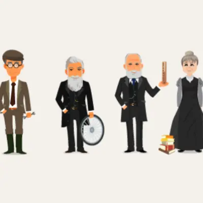 Six diverse illustrated characters dressed in various professional and historical outfits standing in a row against a plain cream background.