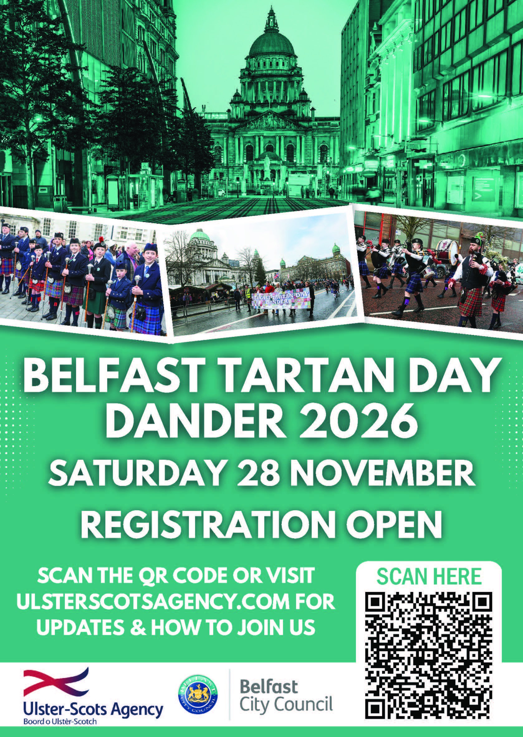 Belfast Tartan Day Dander 2026 event poster with a cityscape of Belfast City Hall and Royal Avenue, with a selection of three parade photographs underneath. Event details and a black and white QR code to register are at the bottom of the poster.