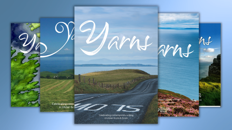 Previous front covers of the Ulster-Scots publication, Yarns, featuring winding country roads under blue skies and different rural landscapes.