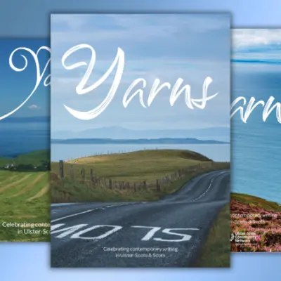 Previous front covers of the Ulster-Scots publication, Yarns, featuring winding country roads under blue skies and different rural landscapes.