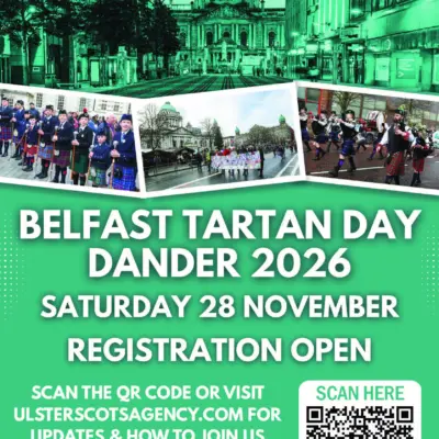 Belfast Tartan Day Dander 2026 event poster with a cityscape of Belfast City Hall and Royal Avenue, with a selection of three parade photographs underneath. Event details and a black and white QR code to register are at the bottom of the poster.