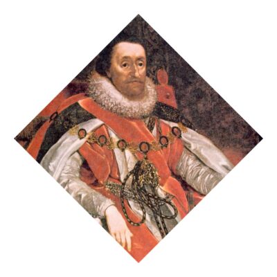 Coloured portrait of a regal figure, King James VI, dressed in elaborate attire with a ruffled collar and ornate gold chain over a red and white garment.