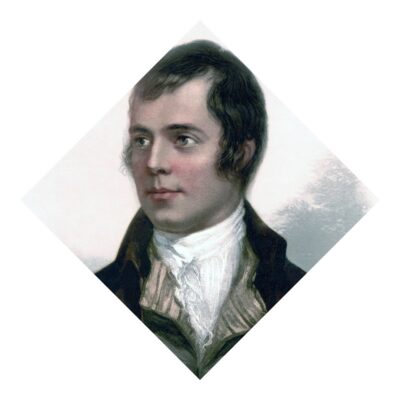 Coloured portrait of Robert Burns in 18th-century attire with a high-collared shirt and dark coat against a muted background.